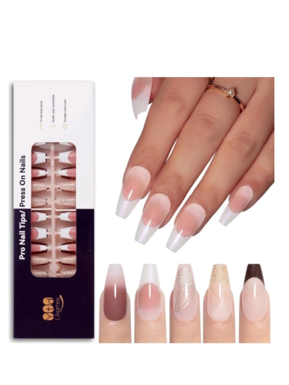 Long Coffin French Tip With Gold Glitter And Butterflies Press-On Nails